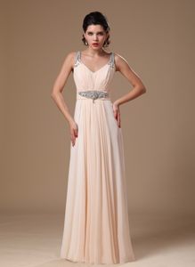 v-Neck Chiffon Prom Holiday Dress Beading and Ruches in Champagne