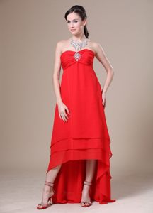 Sophisticated Red Prom Dresses Beading High-low with Zipper up Back