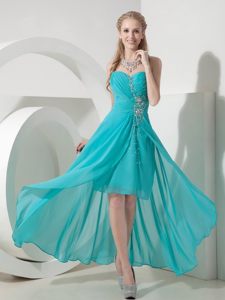 High-low Chiffon Beaded Prom Evening Dress Ruche with Lace up Back