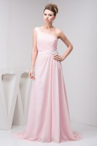 Light Pink One Shoulder Prom Theme Dresses with Court Train 2014