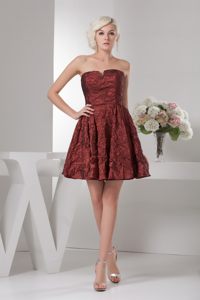 Ruched Burgundy Mini Prom Theme Dresses with Slot Neckline 2014