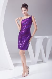Beaded Purple One Shoulder Prom Nightclub Dress Sequins Over Skirt