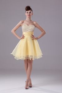 Sequined and Ruched Organza Prom Cocktail Dress in Light Yellow
