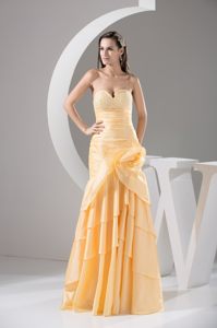 Beaded Sweetheart Yellow Prom Bridesmaid Dress with Flower 2014
