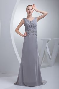 Ruched and Beaded V-neck Gray Prom Maxi Dress with Brush Train