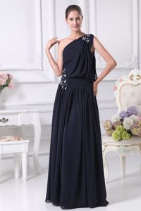 Navy Blue One Shoulder Chiffon Prom Maxi Dress with Beading 2014
