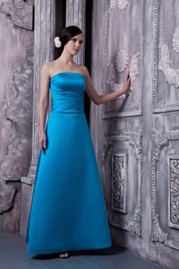 Blue A-line Strapless Floor Length Satin Prom Maxi Dresses 2014