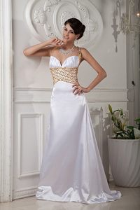 Beaded and Ruched White Prom Party Dress with Criss Cross Back