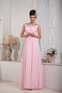 Elegant Scoop Beaded and Ruched Prom Party Dress in Baby Pink