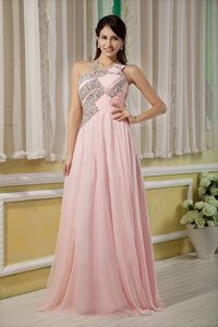 Pink Empire One Shoulder Beaded Floor Length Prom formal Dress