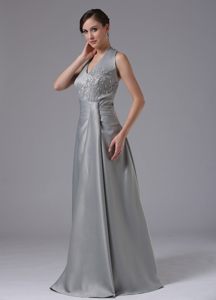 Gray Halter Floor Length Prom Pageant Dresses with Appliques