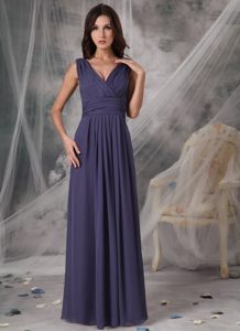 Purple Empire V-neck Ruched Prom Pageant Dress of Floor Length