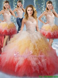 Elegant Sleeveless Floor Length Beading and Ruffles Lace Up Quinceanera Gowns with Multi-color