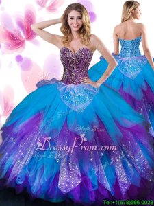 Glamorous Floor Length Multi-color Quinceanera Dresses Tulle Sleeveless Spring and Summer and Fall and Winter Beading and Ruffled Layers