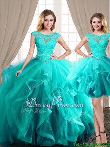 Artistic Turquoise Ball Gowns Beading and Appliques and Ruffles Quince Ball Gowns Lace Up Tulle Cap Sleeves Floor Length
