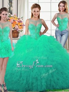 Deluxe Spring and Summer and Fall and Winter Tulle Sleeveless Floor Length Sweet 16 Dresses andBeading and Ruffles