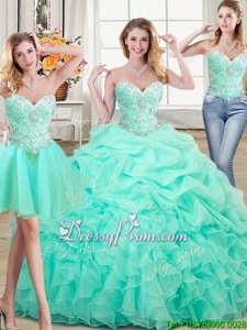 Fabulous Sweetheart Sleeveless Quinceanera Gown Floor Length Beading and Ruffles and Pick Ups Apple Green Organza