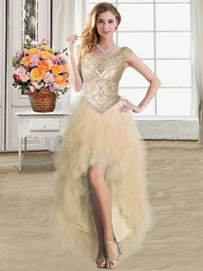 Champagne Lace Up Scoop Ruffles Evening Dress Tulle Sleeveless