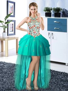 Off the Shoulder Teal Sleeveless Mini Length Beading and Ruffles Lace Up Prom Dress