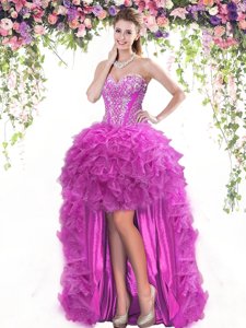 Flare Sweetheart Sleeveless Prom Evening Gown High Low Beading and Ruffles Fuchsia Tulle