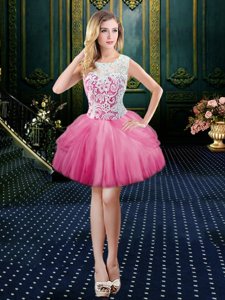 Vintage Hot Pink Ball Gowns Tulle Scoop Sleeveless Lace Mini Length Clasp Handle Homecoming Dress
