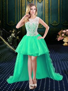 Glorious Lace High Low Turquoise Prom Gown Scoop Sleeveless Zipper