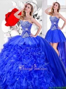 Sweet Blue Organza Lace Up Sweetheart Sleeveless Floor Length Ball Gown Prom Dress Beading and Ruffles