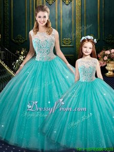 Turquoise Clasp Handle High-neck Beading and Embroidery Vestidos de Quinceanera Organza Sleeveless