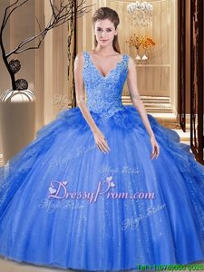 Fashionable Royal Blue Ball Gowns Tulle V-neck Sleeveless Sequins and Pick Ups Floor Length Backless Quinceanera Dress