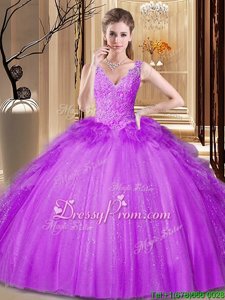 Ideal Appliques and Ruffles and Sequins Vestidos de Quinceanera Fuchsia Backless Sleeveless Floor Length