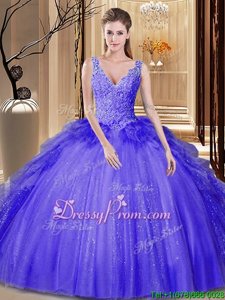Lavender Ball Gowns Appliques and Ruffles and Sequins 15 Quinceanera Dress Backless Tulle and Sequined Sleeveless Floor Length
