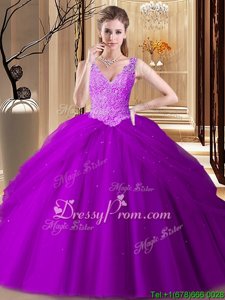 Sweet Ball Gowns Quinceanera Dress Fuchsia V-neck Tulle Sleeveless Floor Length Backless