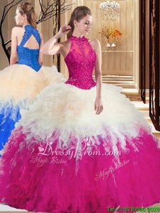 Clearance White and Hot Pink Ball Gowns High-neck Sleeveless Organza Floor Length Backless Lace and Appliques and Ruffles Ball Gown Prom Dress