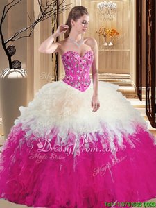 Decent White and Hot Pink Sleeveless Embroidery and Ruffles Floor Length Vestidos de Quinceanera