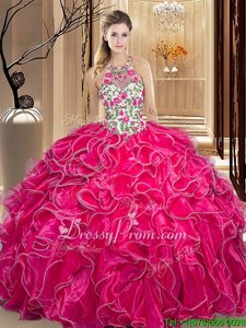 Low Price Embroidery and Ruffles Quince Ball Gowns Hot Pink Backless Sleeveless Floor Length