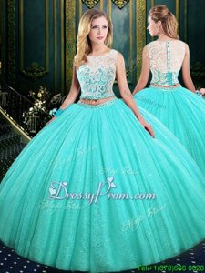 Traditional Blue Ball Gowns Scoop Sleeveless Tulle and Sequined Floor Length Lace Up Lace and Sequins Quinceanera Dresses