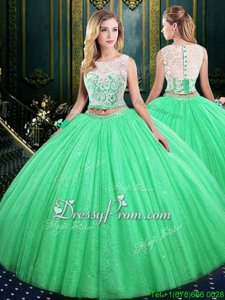 Affordable Sleeveless Tulle and Sequined Floor Length Lace Up Sweet 16 Dresses inSpring Green forSpring and Summer and Fall and Winter withLace and Sequins