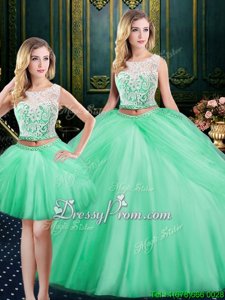 High End Apple Green Ball Gowns Scoop Sleeveless Satin and Tulle Floor Length Lace Up Lace and Pick Ups Sweet 16 Quinceanera Dress