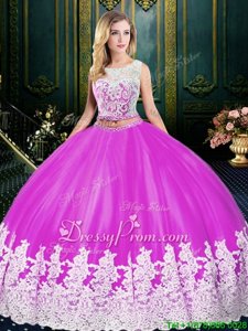 High End Tulle Scoop Sleeveless Lace Up Lace and Appliques Quince Ball Gowns inFuchsia