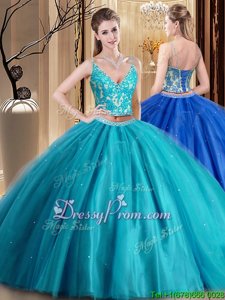 Glamorous Turquoise Two Pieces Spaghetti Straps Sleeveless Tulle Floor Length Lace Up Beading and Appliques Vestidos de Quinceanera