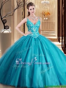 Flare Turquoise Tulle Lace Up Sweet 16 Quinceanera Dress Sleeveless Floor Length Beading and Appliques