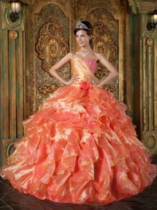 Orange and Watermelon Organza Beaded Ruffled Sweet Sixteen Dress