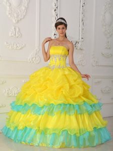 Bright Yellow Strapless Sweet Sixteen Dresses with Pick ups 2014