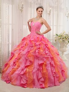 Beaded and Ruffled Organza Sweet 15 Dresses in Rose Pink and Orange