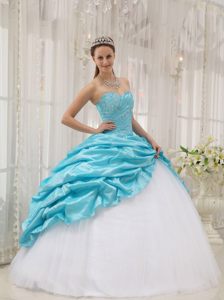 Beading and Pick ups Accent Sweet 15 Dresses in White and Aqua Blue