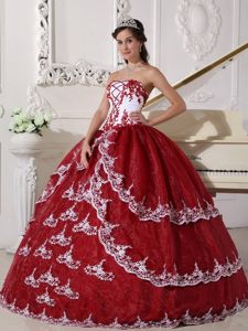 Wine Red and White Organza Sweet 15 Dresses with Appliques 2014