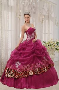 Appliqued Burgundy Sweet 15 Dresses with Pick ups and Leopard Print