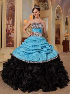 Ruffled Blue and Black Quinceanera Gown Dress with Zebra Print