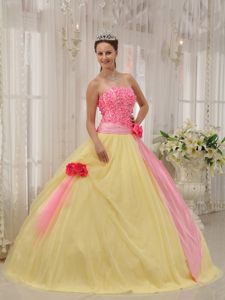 Pink and Yellow Quinceanera Gown Dress with Appliques and Flowers