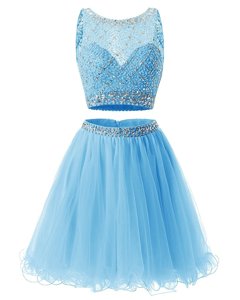 Baby Blue Prom Dress Prom and Party and For with Beading and Belt Sweetheart Sleeveless Side Zipper